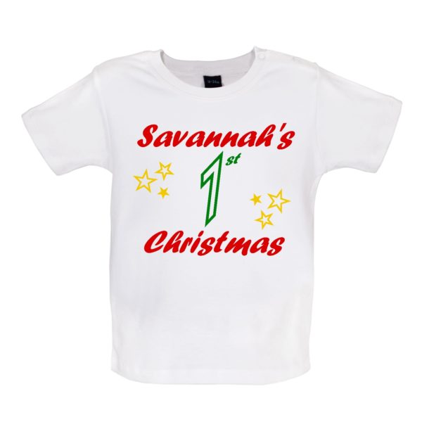 white Baby Tshirt, Personalised 1st Christmas, Savannahs 1st christmas