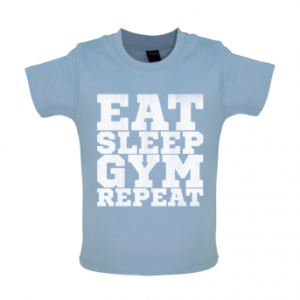 Eat Sleep Gym Repeat Baby Tshirt, Dusty Blue
